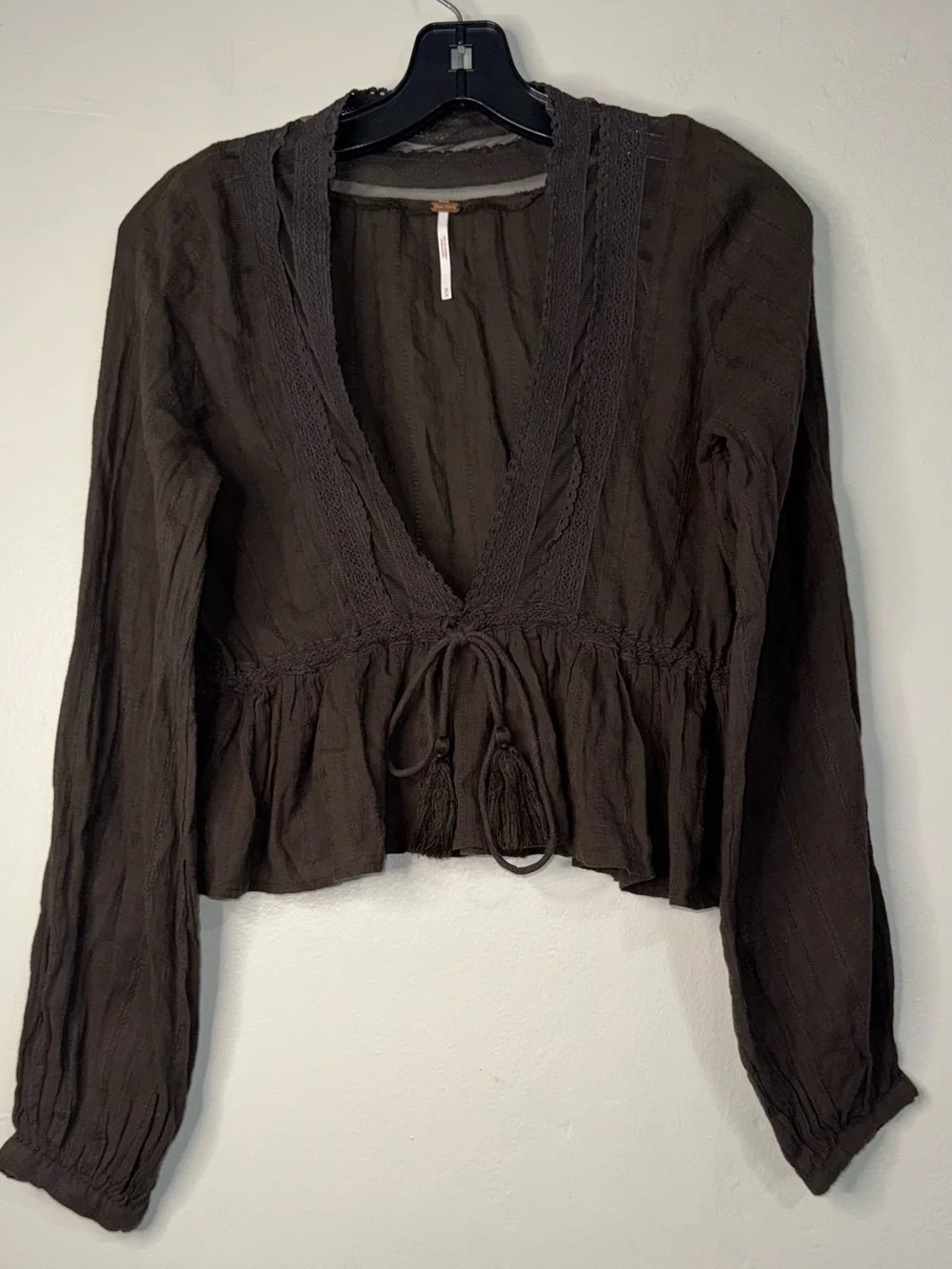 Free People Chocolate Brown V-Neck Peasant Blouse with Tassel Tie